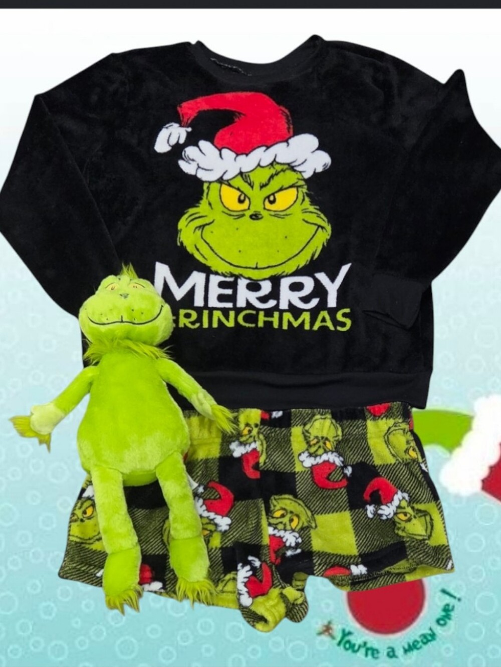 Dr. Seuss The Grinch Merry Grinchmas Pajama/Lounge Set With Grinch Plush Animal